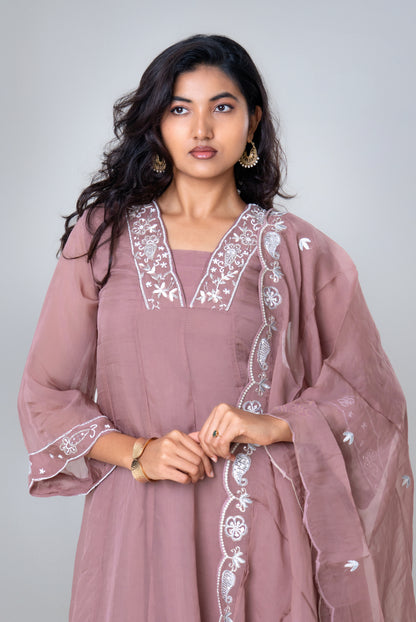 Dusty Rose Embroidered Chiffon Kurta Set with Dupatta