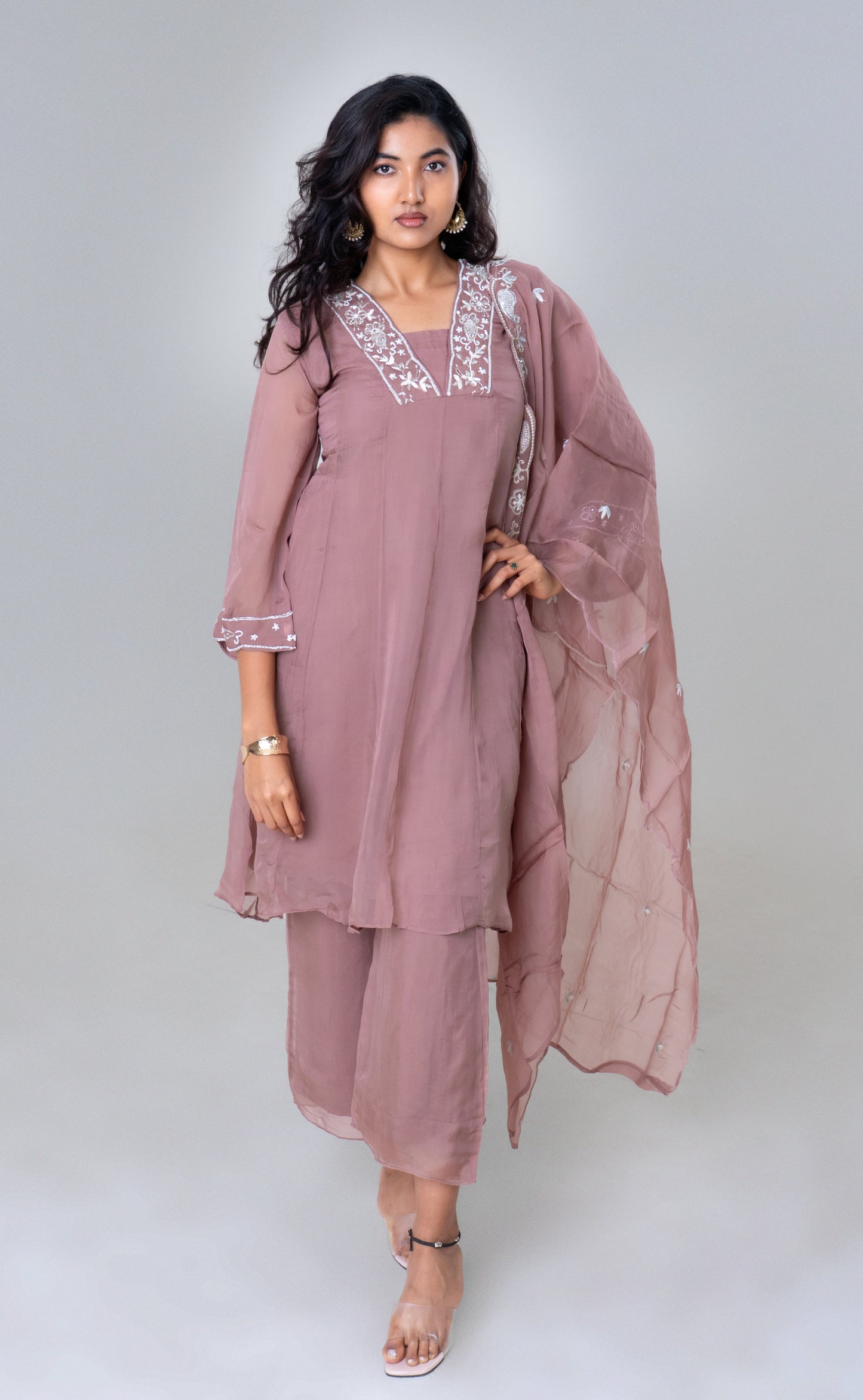Dusty Rose Embroidered Chiffon Kurta Set with Dupatta