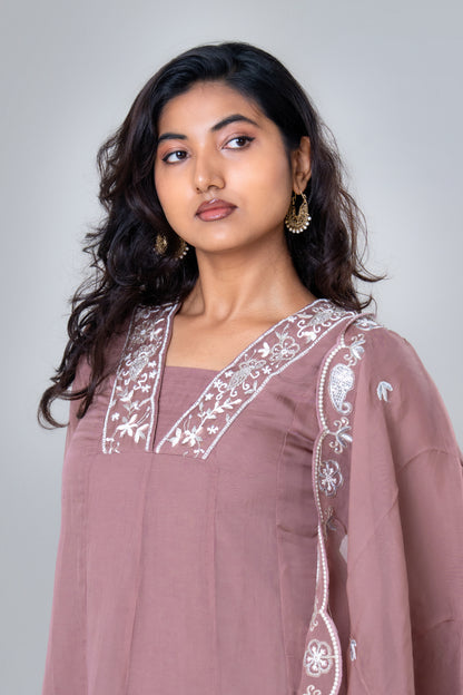 Dusty Rose Embroidered Chiffon Kurta Set with Dupatta