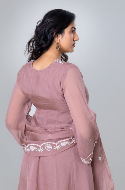 Dusty Rose Embroidered Chiffon Kurta Set with Dupatta