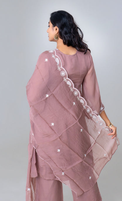 Dusty Rose Embroidered Chiffon Kurta Set with Dupatta