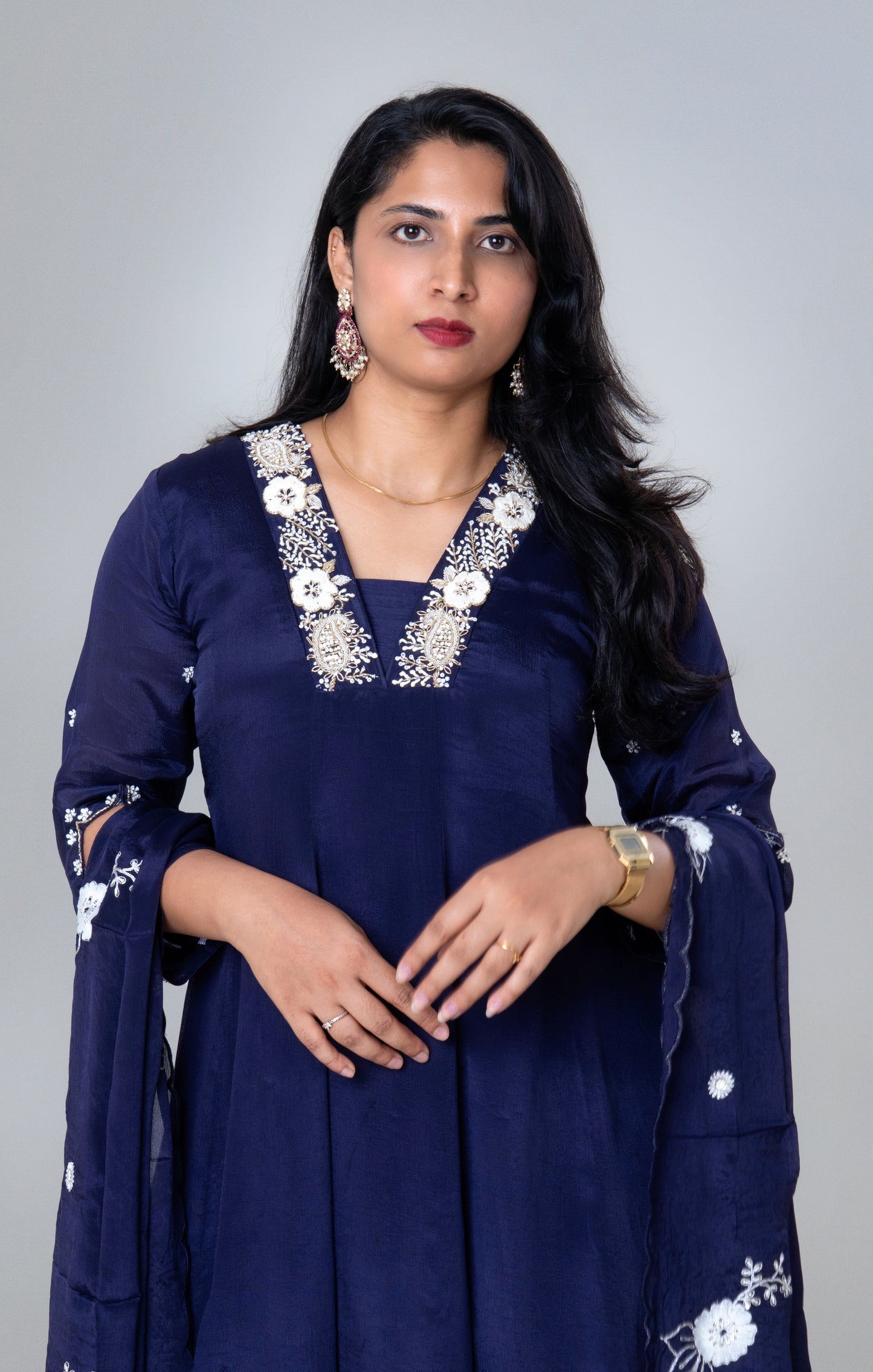 Midnight Blue Embroidered Silk Sharara Set with Dupatta