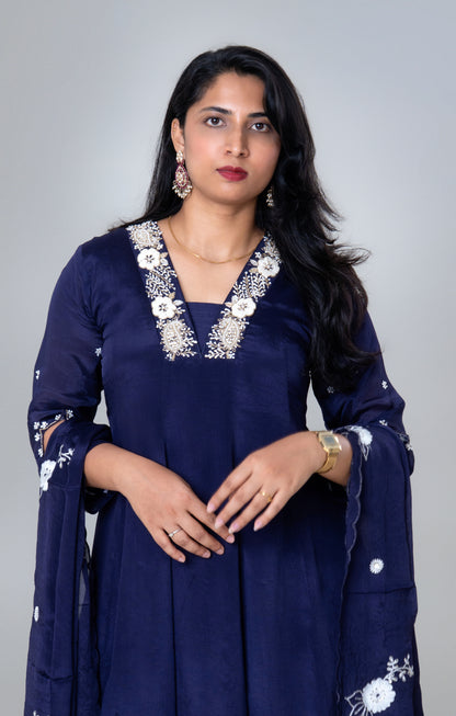 Midnight Blue Embroidered Silk Sharara Set with Dupatta