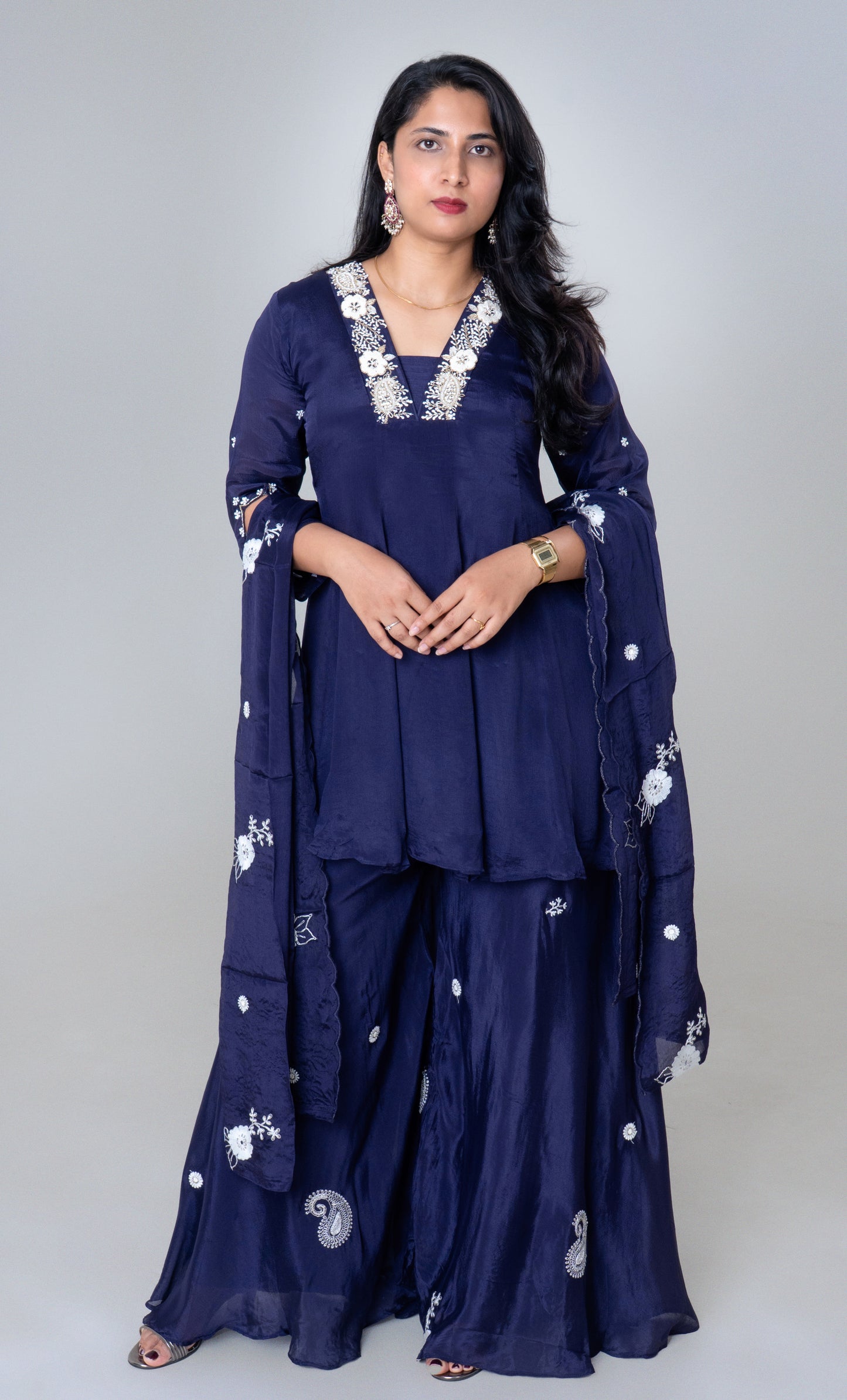 Midnight Blue Embroidered Silk Sharara Set with Dupatta