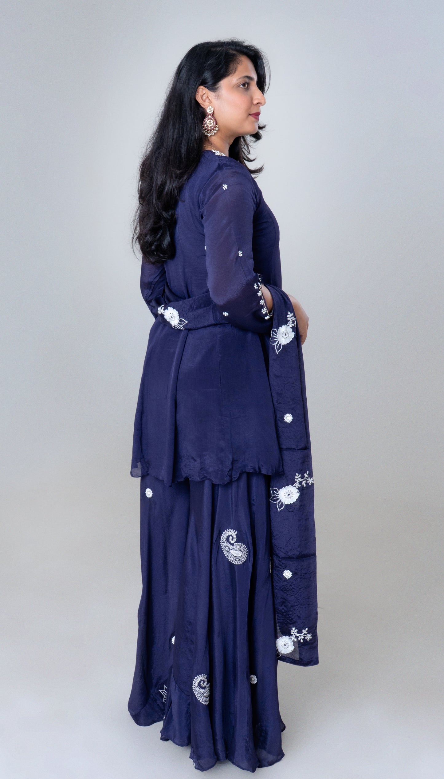 Midnight Blue Embroidered Silk Sharara Set with Dupatta