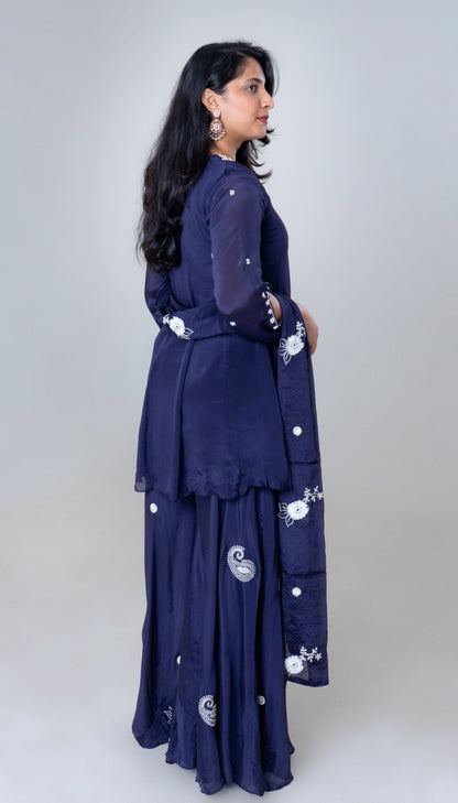 Midnight Blue Embroidered Silk Sharara Set with Dupatta