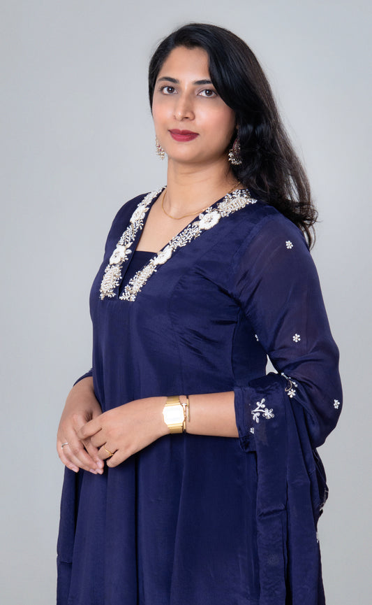 Midnight Blue Embroidered Silk Sharara Set with Dupatta