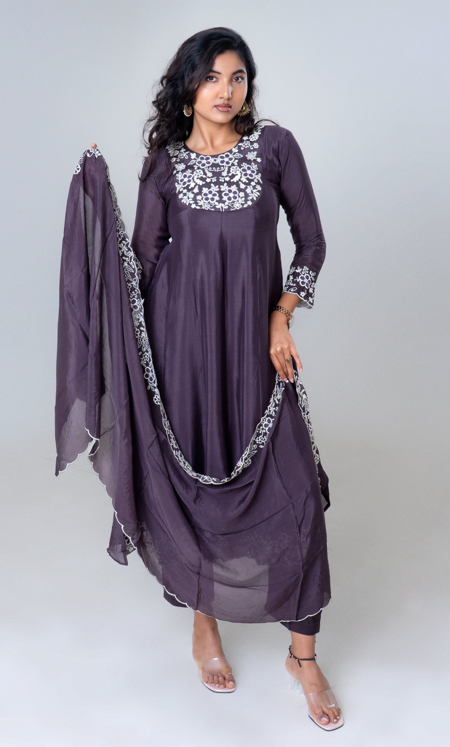 Plum Embroidered Silk Anarkali Set with Dupatta