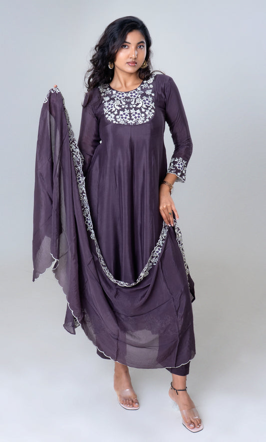 Plum Embroidered Silk Anarkali Set with Dupatta