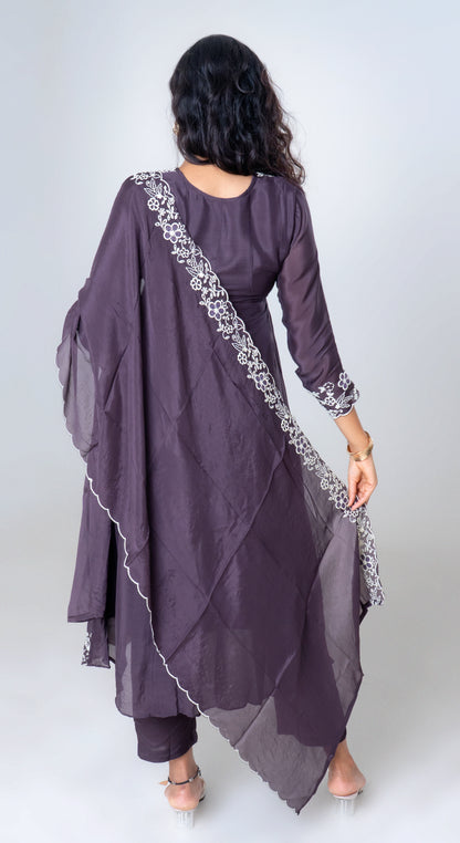 Plum Embroidered Silk Anarkali Set with Dupatta