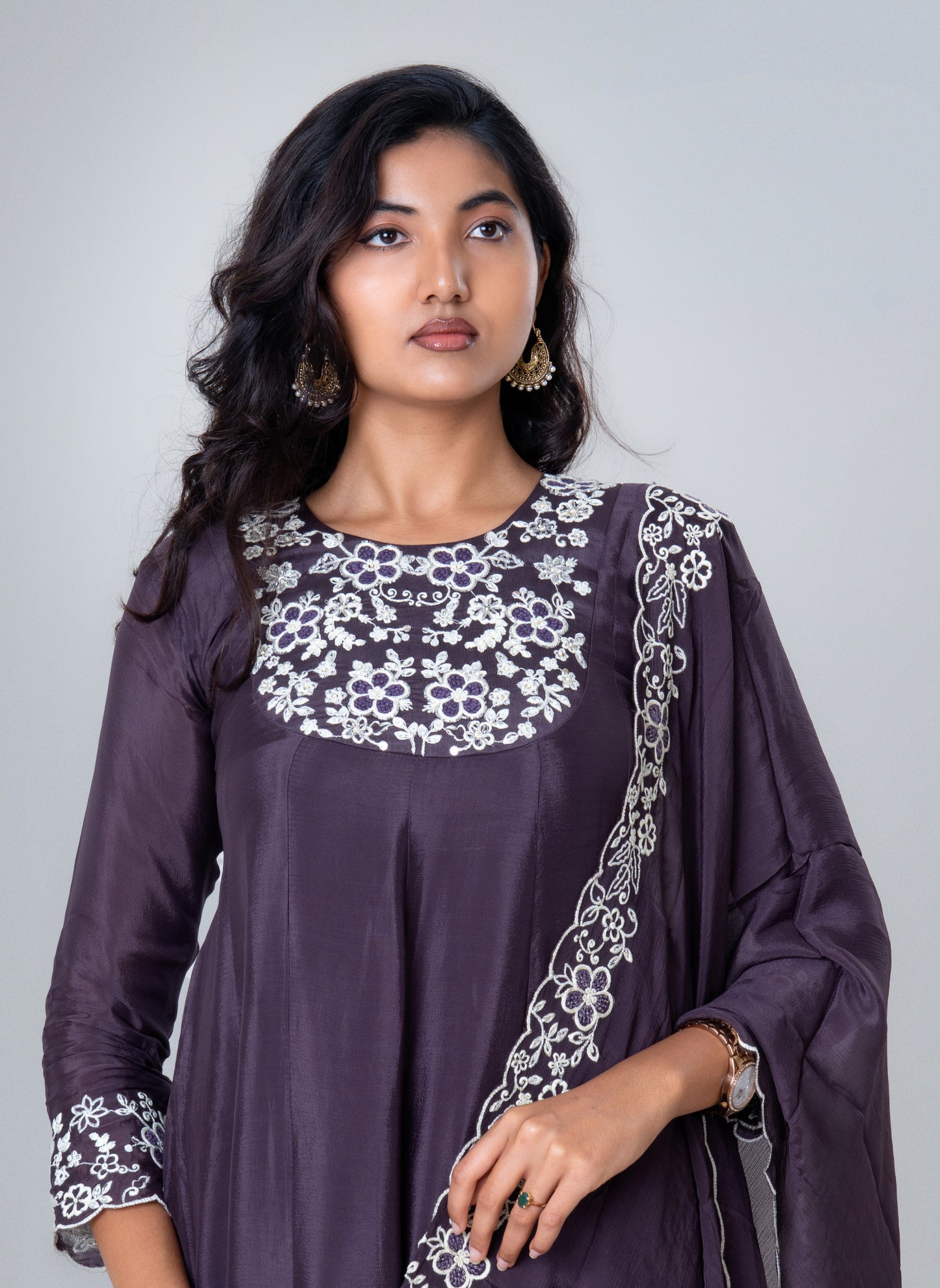 Plum Embroidered Silk Anarkali Set with Dupatta