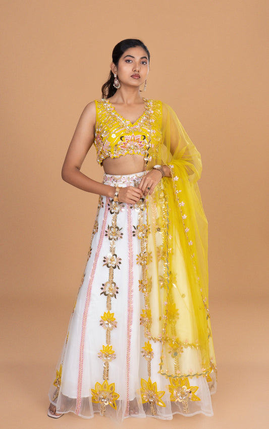 Sunlit Blossom Yellow & White Embroidered Lehenga Set