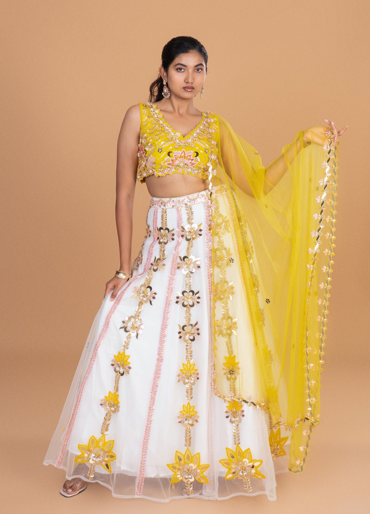 Sunlit Blossom Yellow & White Embroidered Lehenga Set