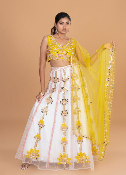 Sunlit Blossom Yellow & White Embroidered Lehenga Set
