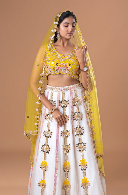 Sunlit Blossom Yellow & White Embroidered Lehenga Set
