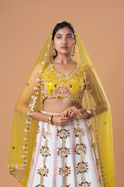 Sunlit Blossom Yellow & White Embroidered Lehenga Set