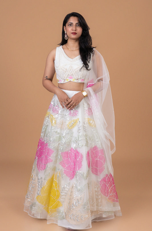 Ivory Bloom Embroidered Organza Lehenga Set