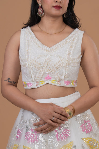 Ivory Bloom Embroidered Organza Lehenga Set