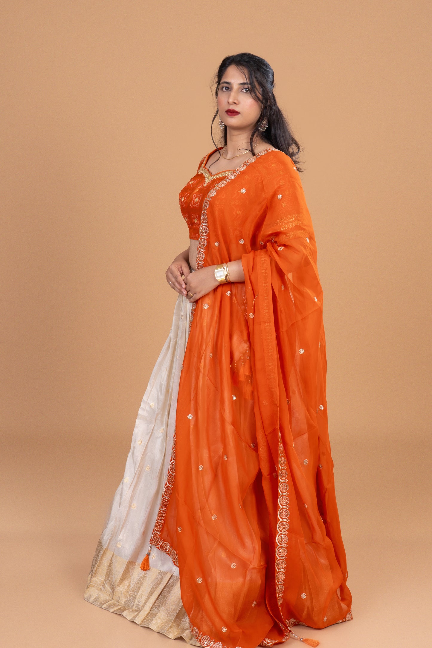 Sunset Glow Orange and Ivory Embroidered Lehenga Set
