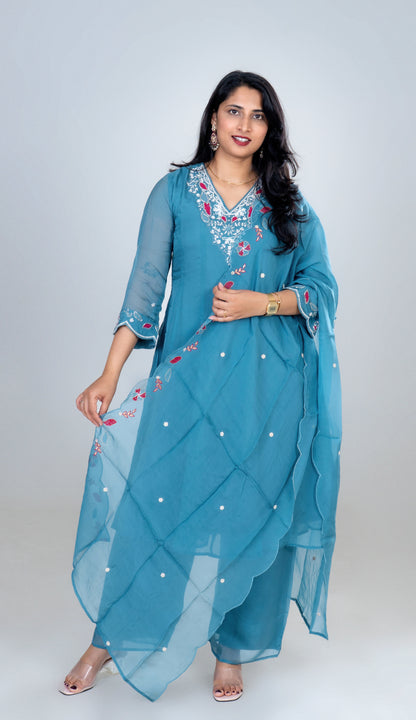 Teal Blue Floral Embroidered Kurta Set with Dupatta