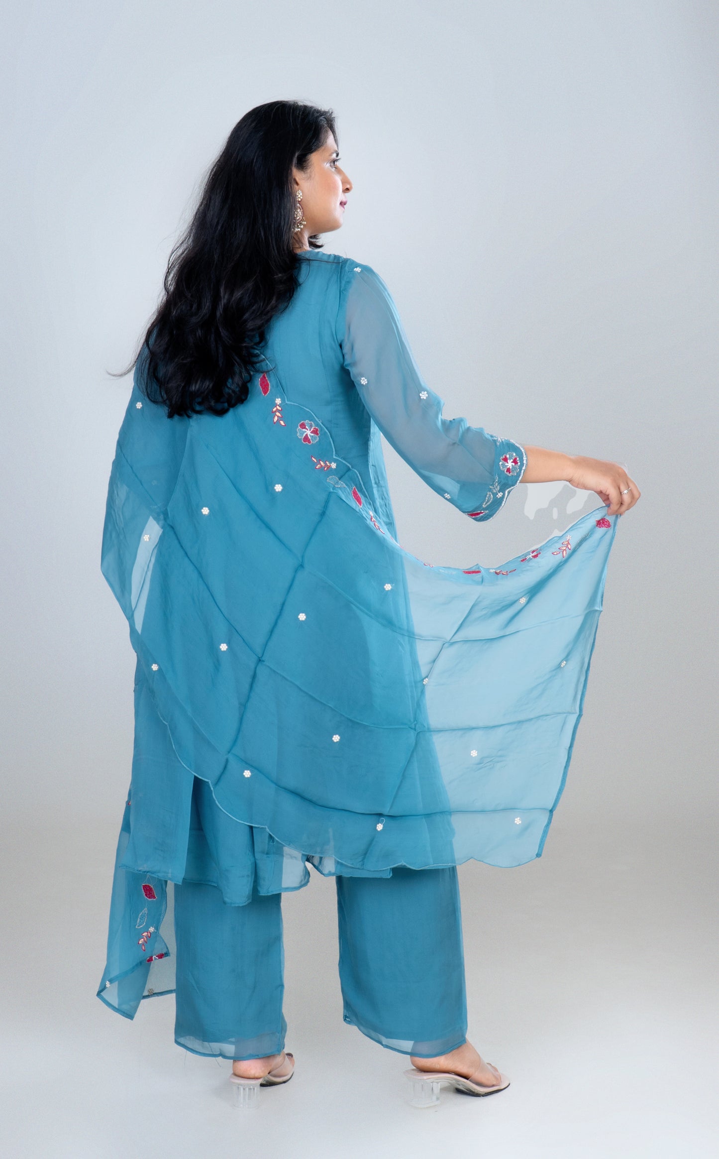 Teal Blue Floral Embroidered Kurta Set with Dupatta