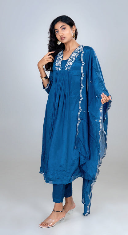 Midnight Blue Embroidered Anarkali Kurta Set with Dupatta