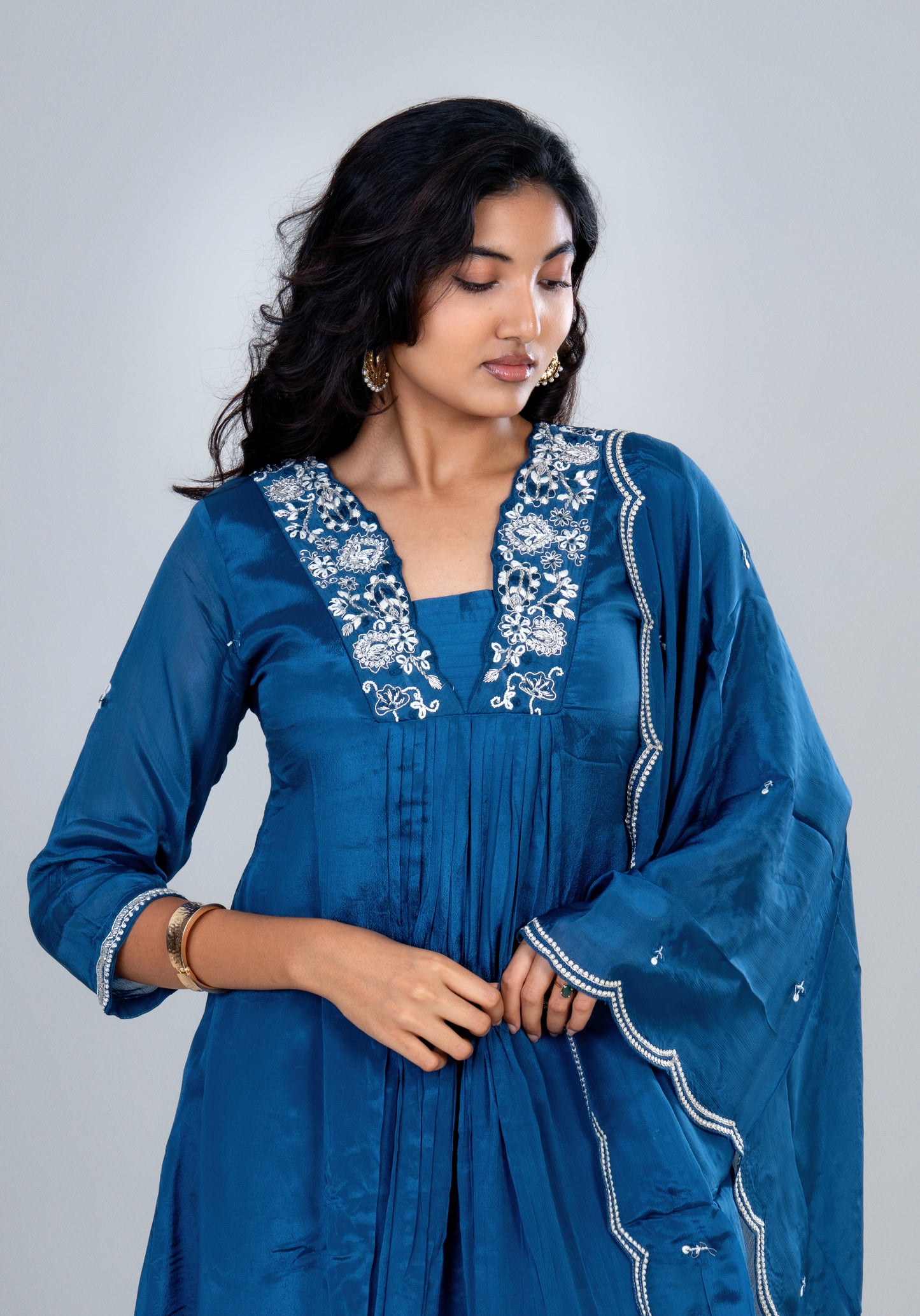 Midnight Blue Embroidered Anarkali Kurta Set with Dupatta