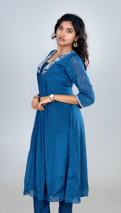 Midnight Blue Embroidered Anarkali Kurta Set with Dupatta