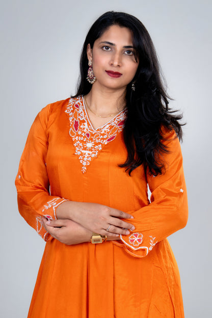 Sunset Orange Embroidered Anarkali Kurta Set with Dupatta