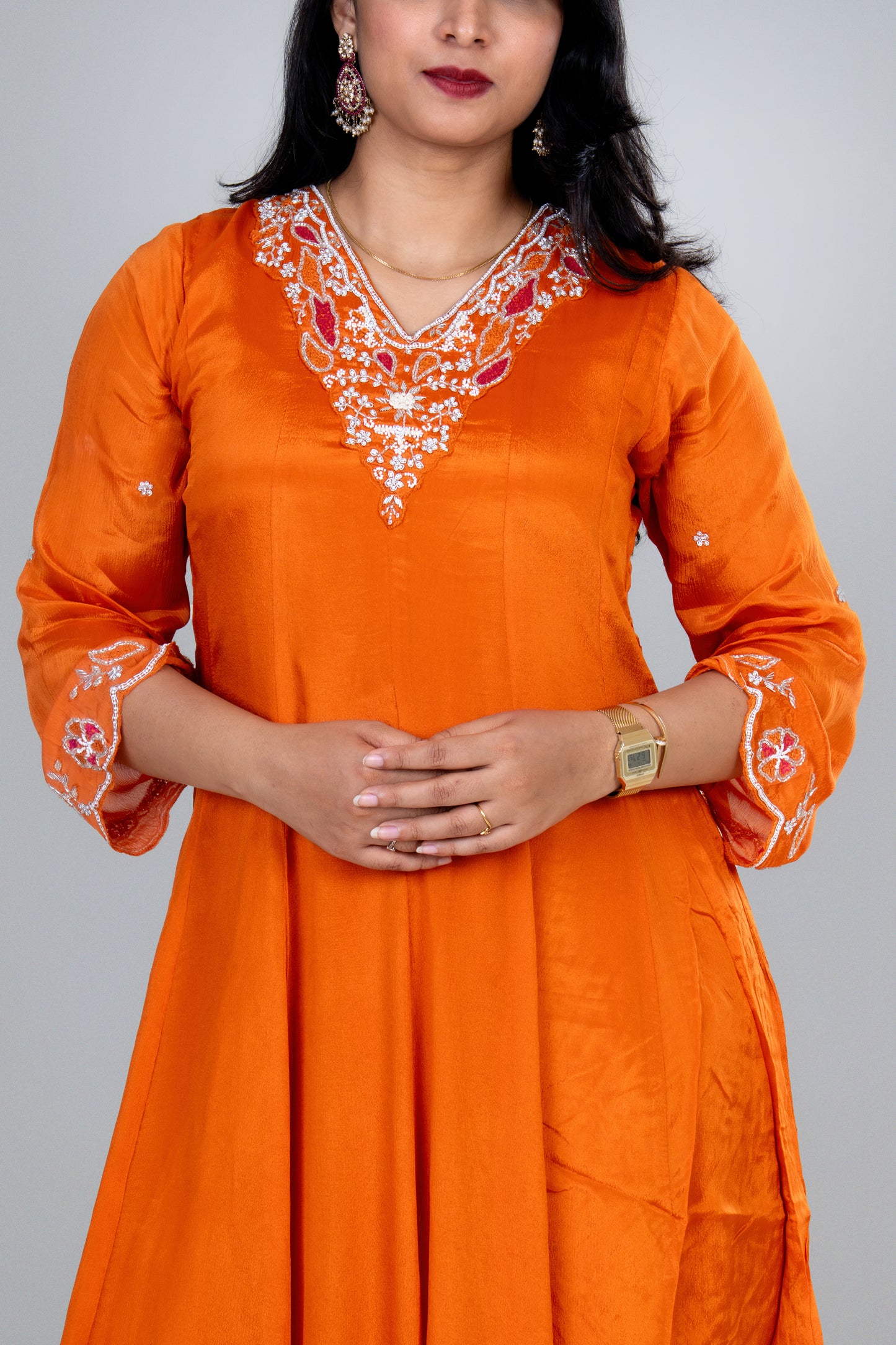 Sunset Orange Embroidered Anarkali Kurta Set with Dupatta