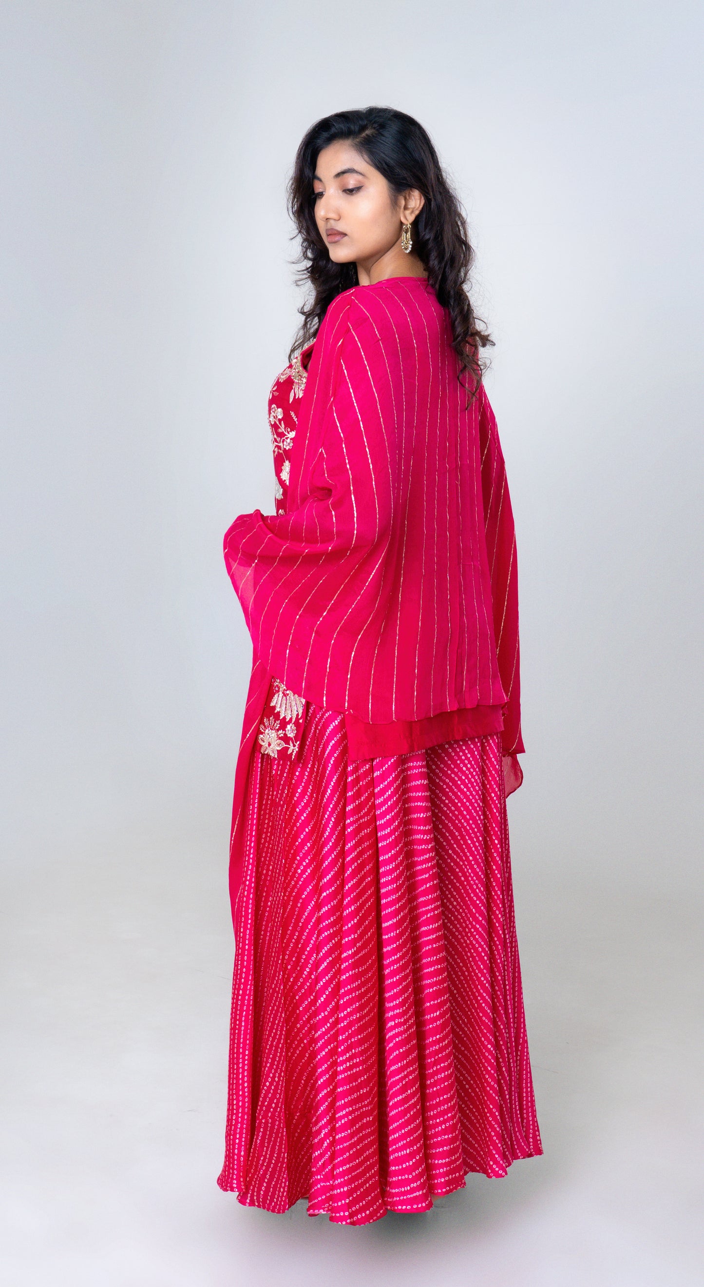 Rani Pink Embroidered Sharara Set with Striped Dupatta