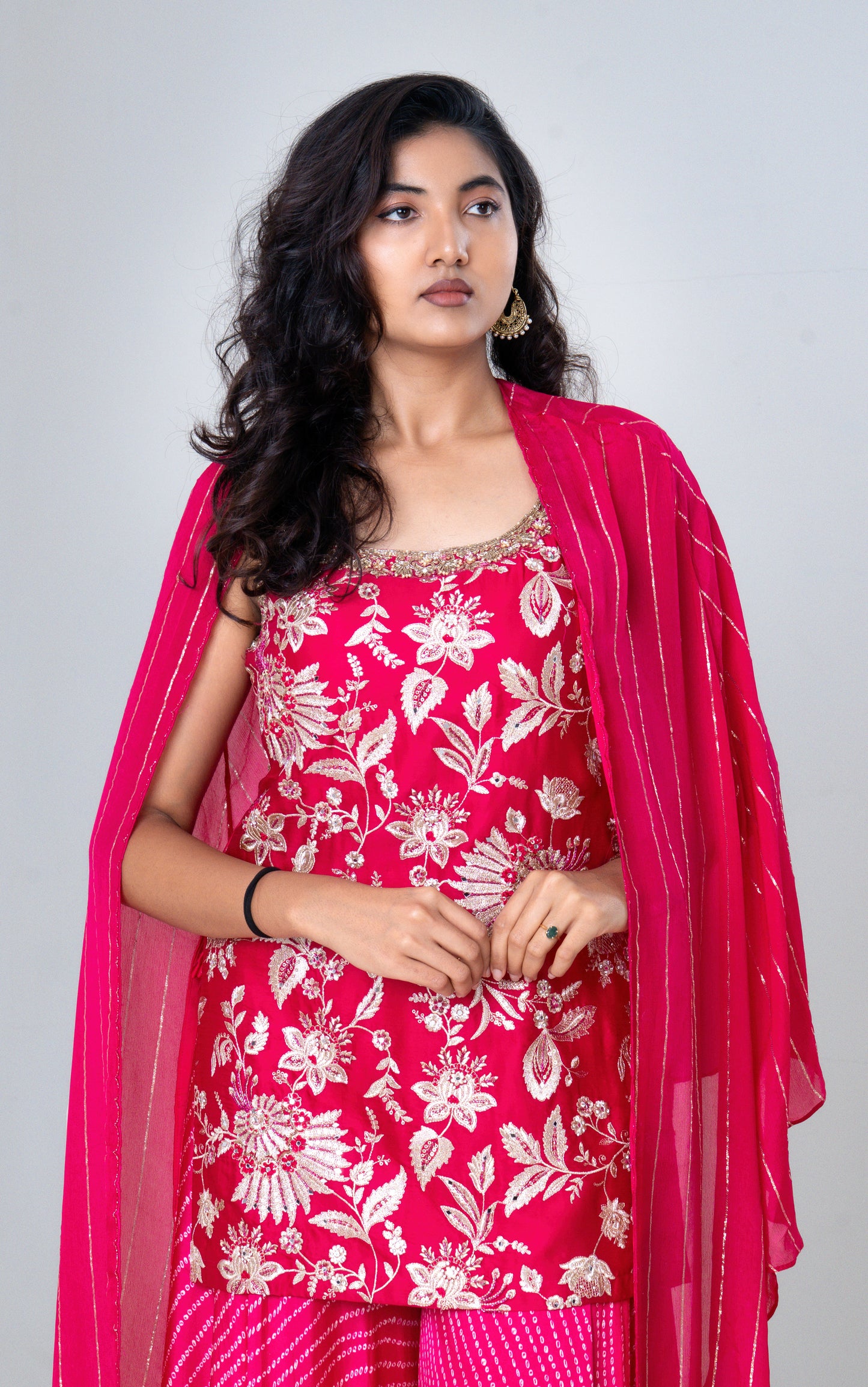 Rani Pink Embroidered Sharara Set with Striped Dupatta