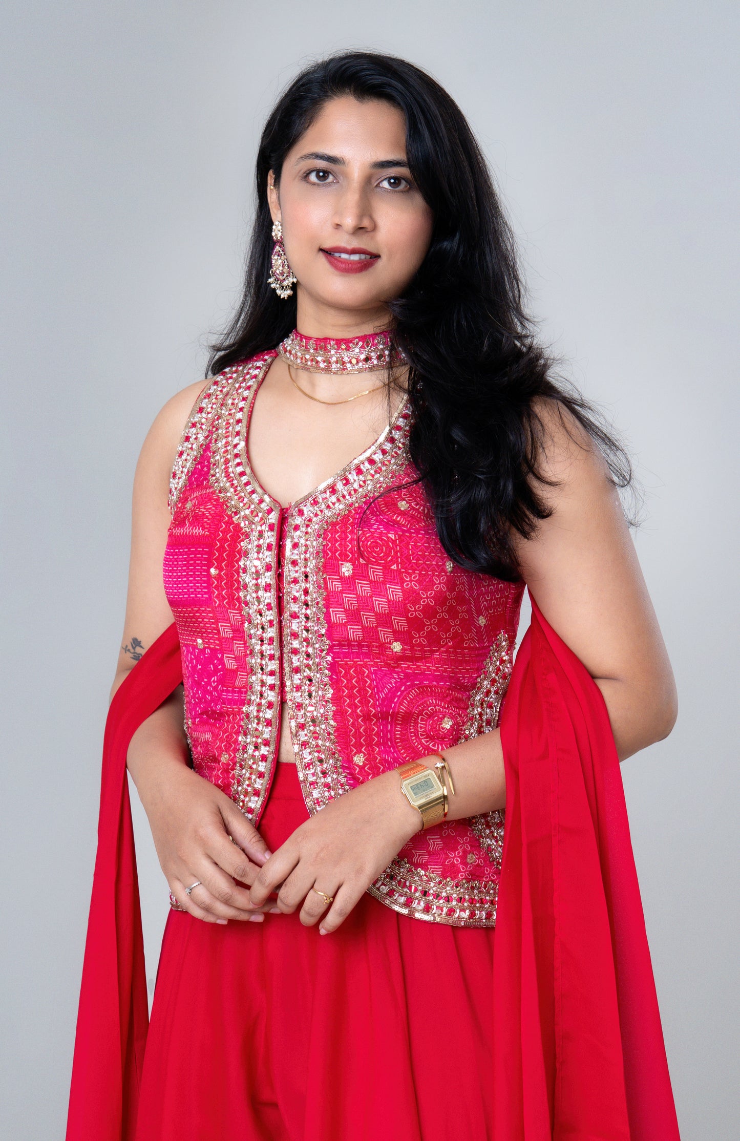 Rani Pink Mirror-Embroidered Sharara Set with Jacket Kurti