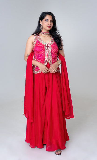 Rani Pink Mirror-Embroidered Sharara Set with Jacket Kurti