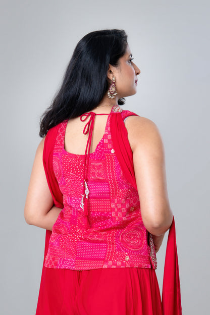 Rani Pink Mirror-Embroidered Sharara Set with Jacket Kurti