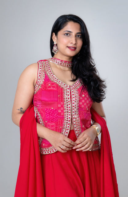 Rani Pink Mirror-Embroidered Sharara Set with Jacket Kurti
