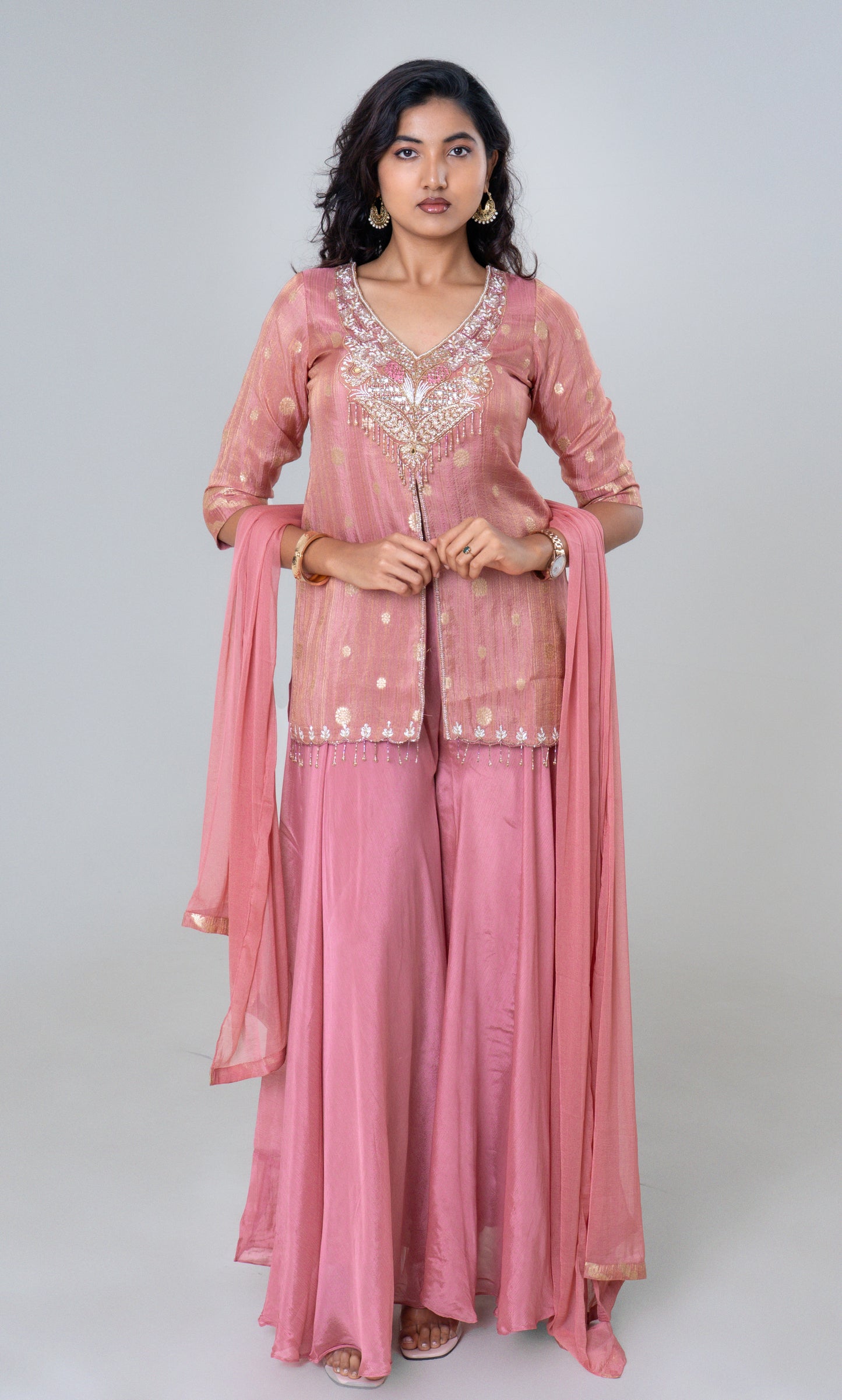 Dusty Rose Embroidered Silk Sharara Set with Sheer Dupatta