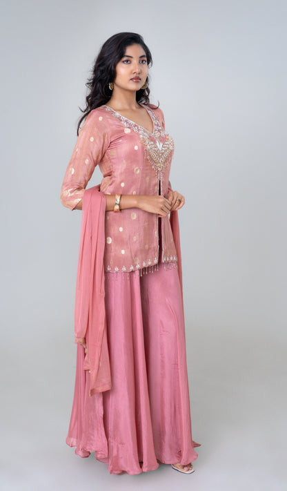 Dusty Rose Embroidered Silk Sharara Set with Sheer Dupatta