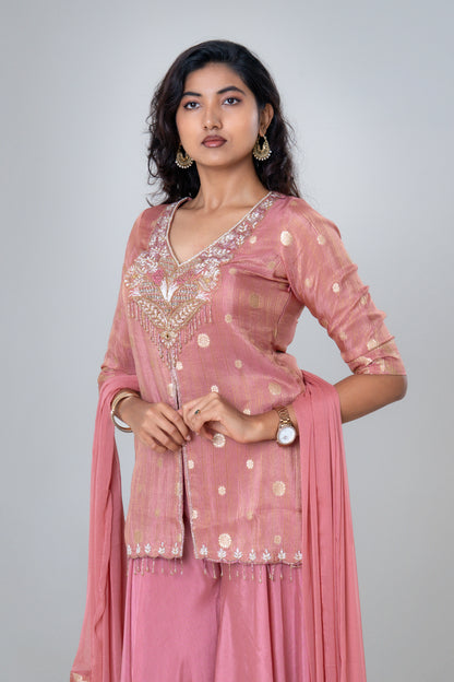 Dusty Rose Embroidered Silk Sharara Set with Sheer Dupatta