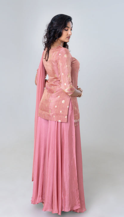 Dusty Rose Embroidered Silk Sharara Set with Sheer Dupatta