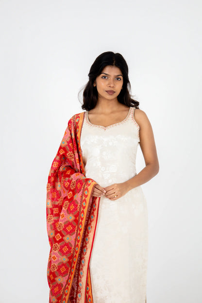 Ivory Embroidered Kurta Set with Vibrant Patola Dupatta