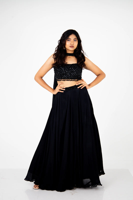 Black Sequin Embellished Crop Top Lehenga Set