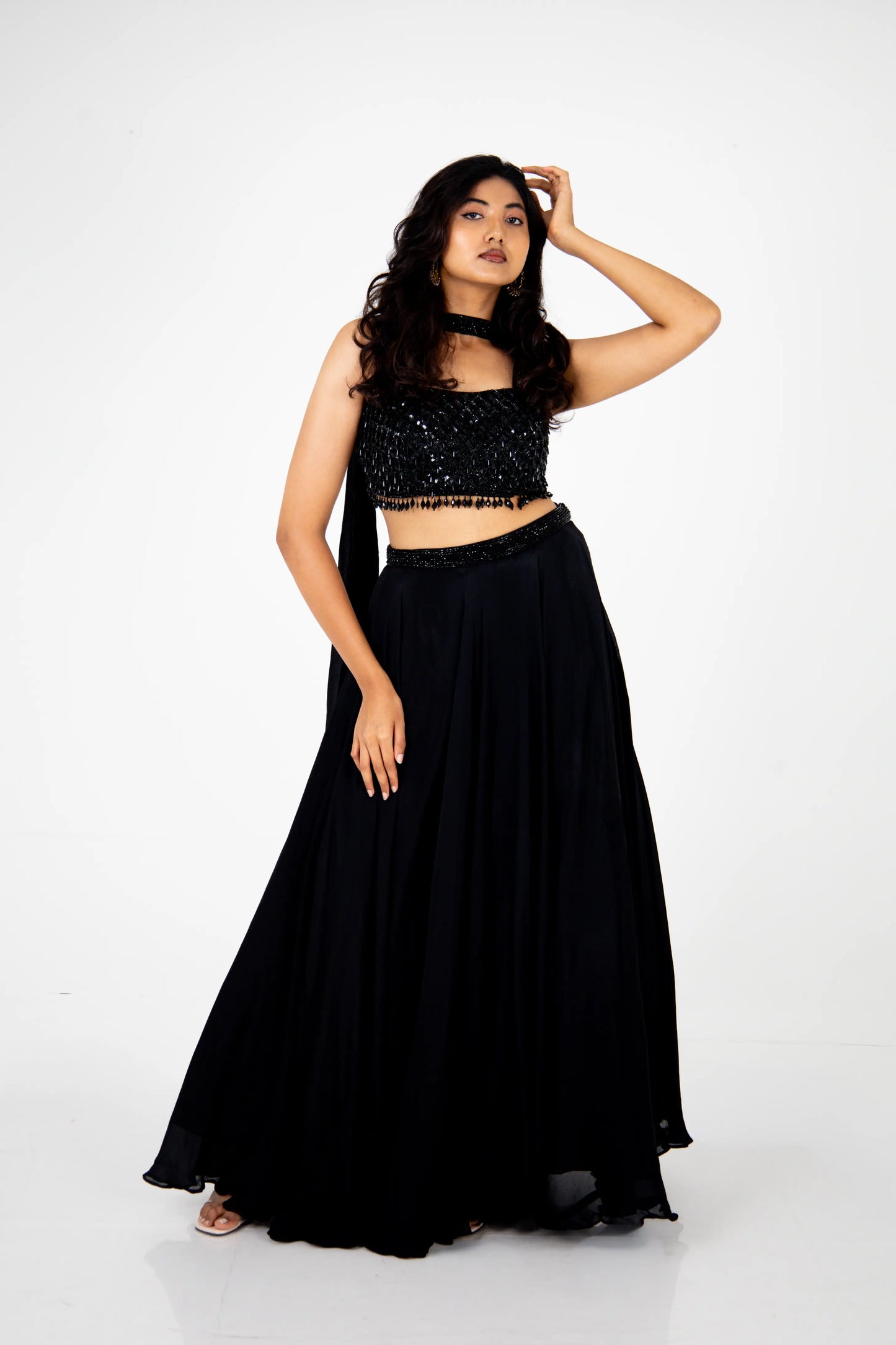 Black Sequin Embellished Crop Top Lehenga Set