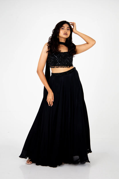 Black Sequin Embellished Crop Top Lehenga Set