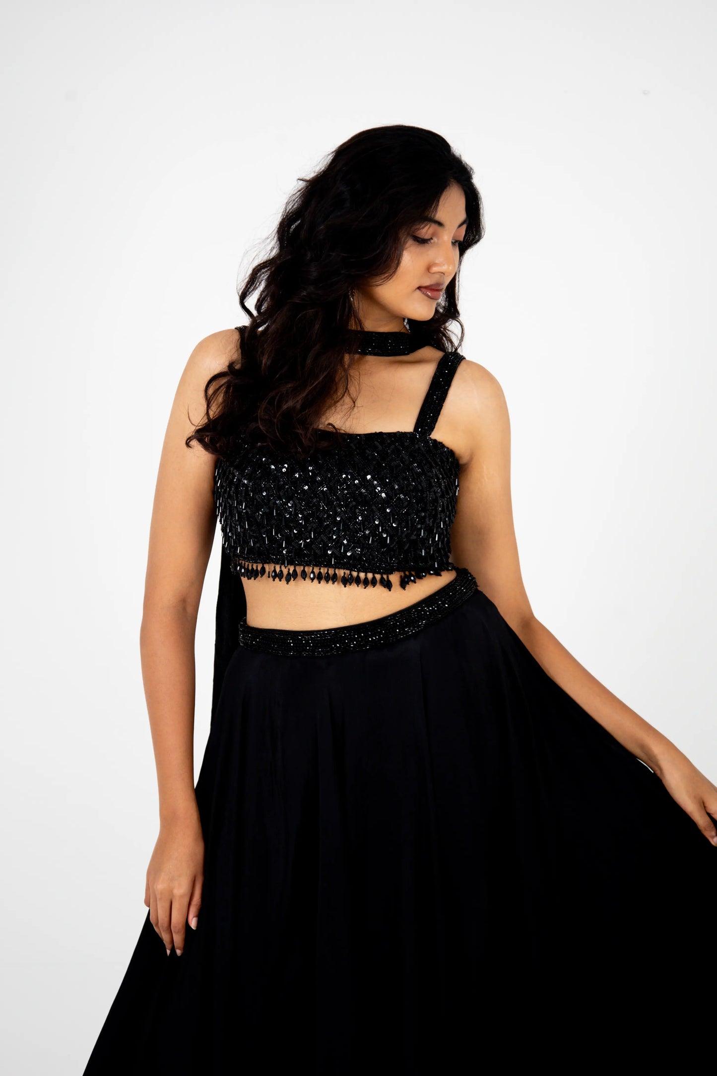 Black Sequin Embellished Crop Top Lehenga Set
