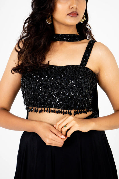 Black Sequin Embellished Crop Top Lehenga Set