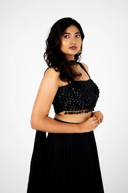 Black Sequin Embellished Crop Top Lehenga Set