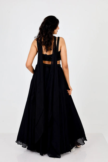 Black Sequin Embellished Crop Top Lehenga Set