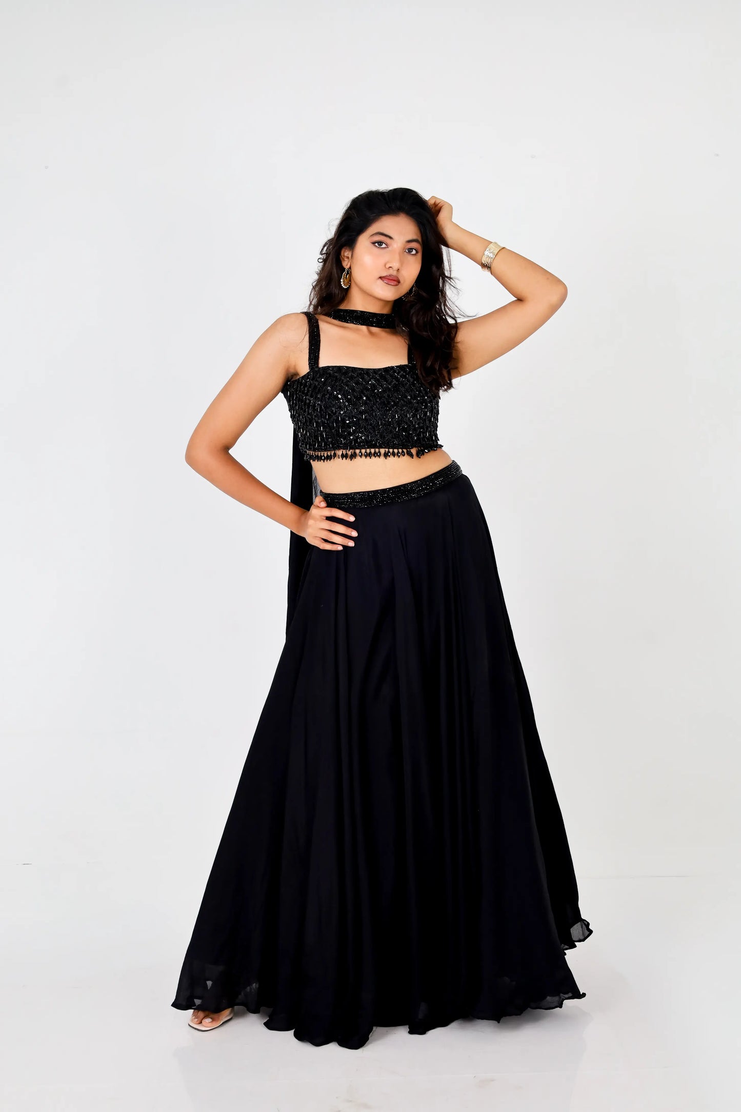 Black Sequin Embellished Crop Top Lehenga Set