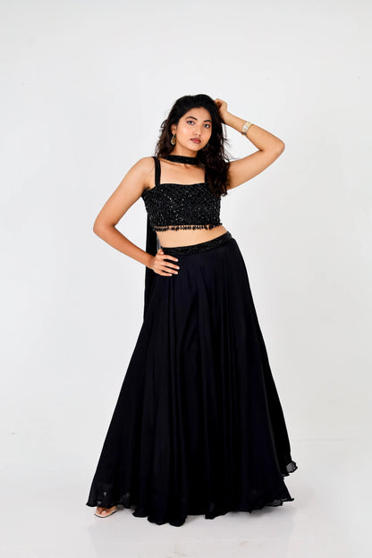 Black Sequin Embellished Crop Top Lehenga Set